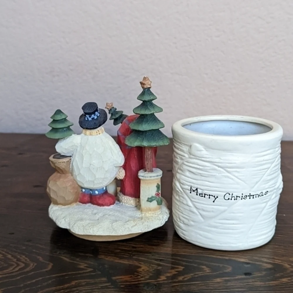 VTG Rustic Christmas Candle Holder With Topper Santa‎ And Snowman 7 1/2